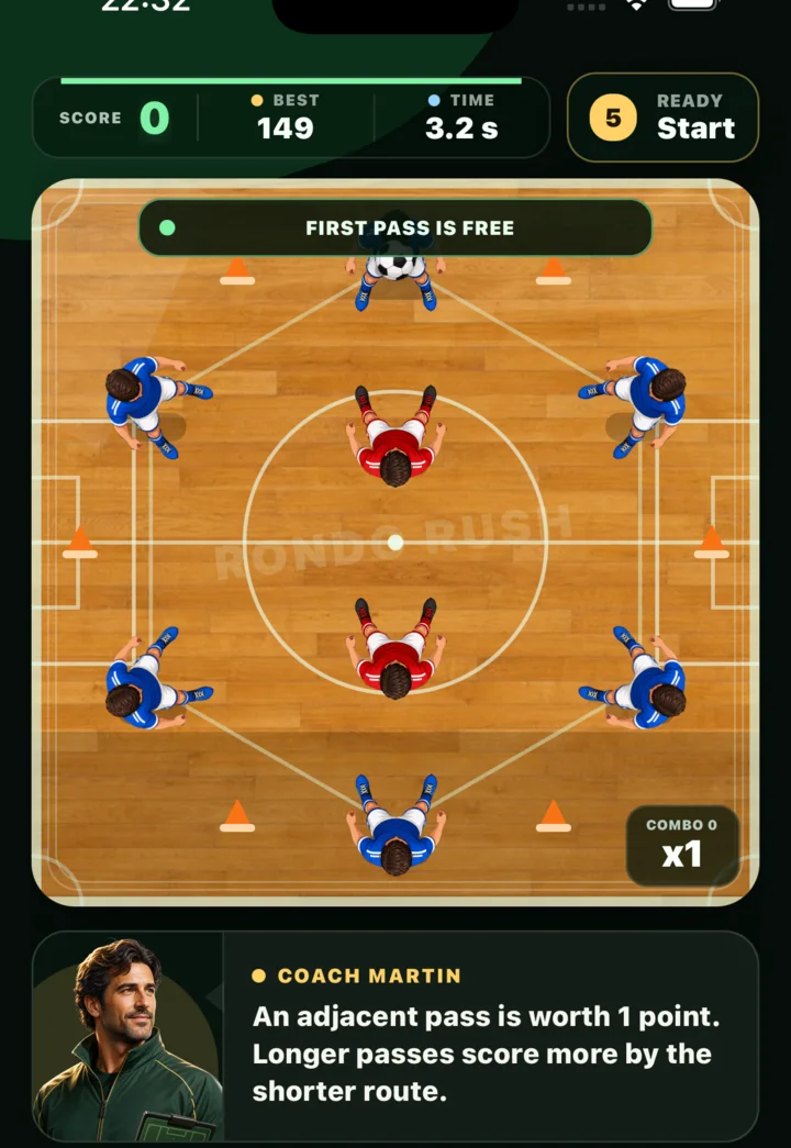 Soccer Rondo Rush gameplay with a rondo drill and Coach Martin